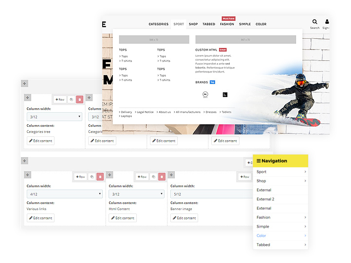 Warehouse mega menu with categories, products and custom content